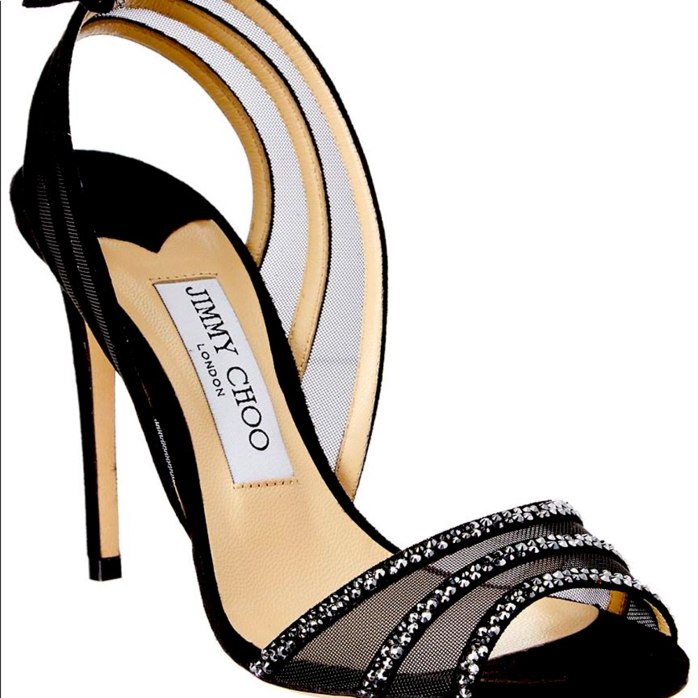 Jimmy Choo Crystal Betty Mesh Suede Strap Heel